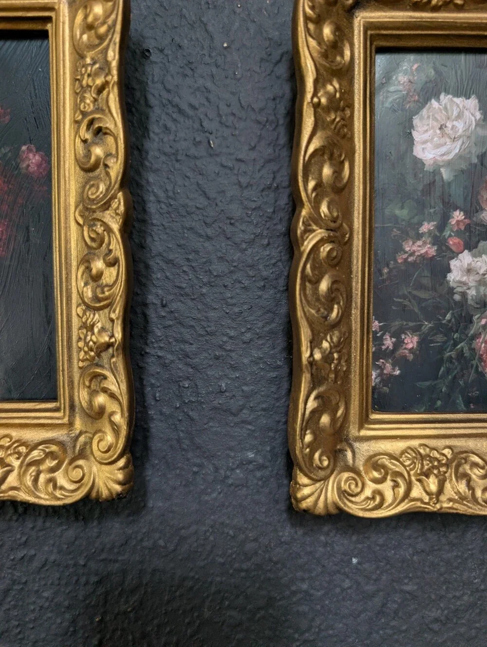 Vintage, set of 2, Syroco Burwood Rococo Gold Ornate Mini Frames with Moody Prin